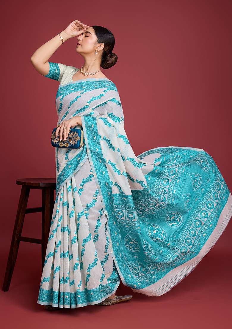 Blue Zari Work Cotton Saree Set for Diwali and Festive Wear - Indya