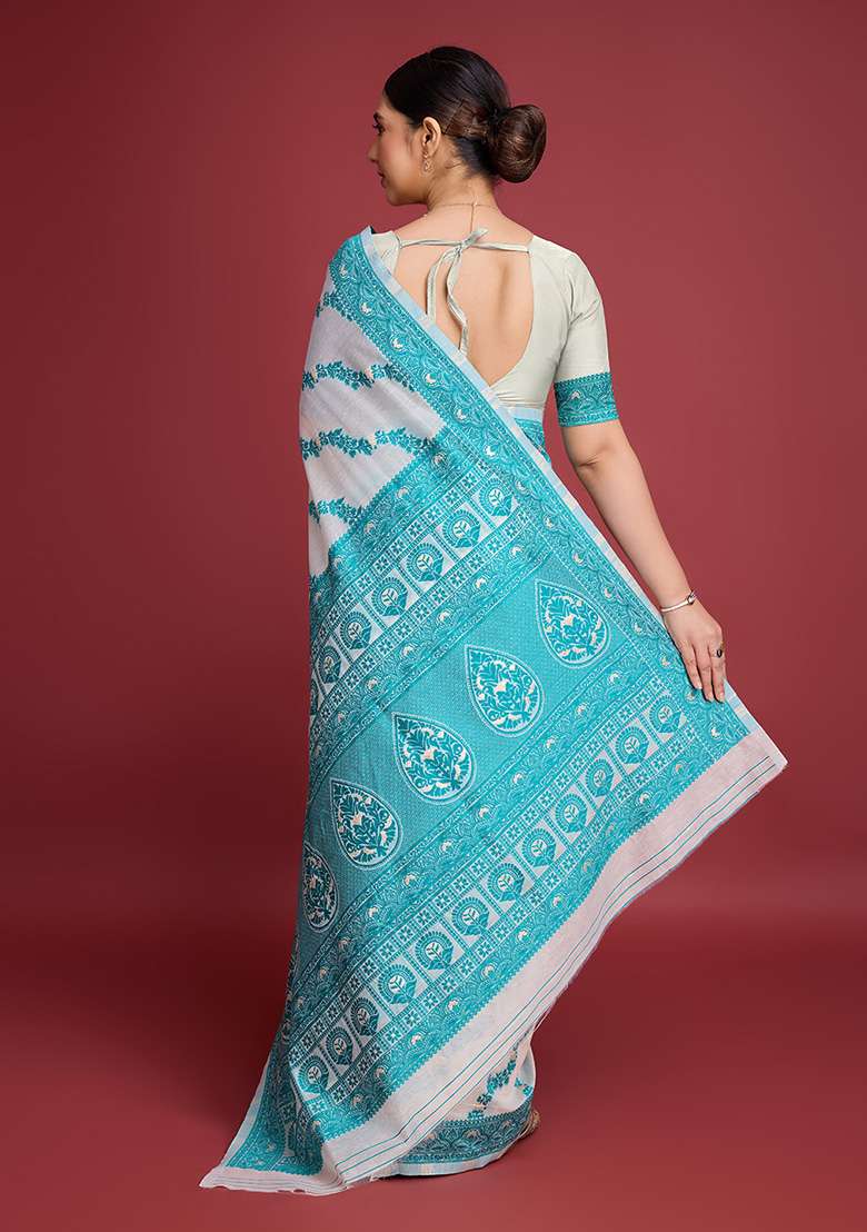 Blue Zari Work Cotton Saree Set for Diwali and Festive Wear - Indya