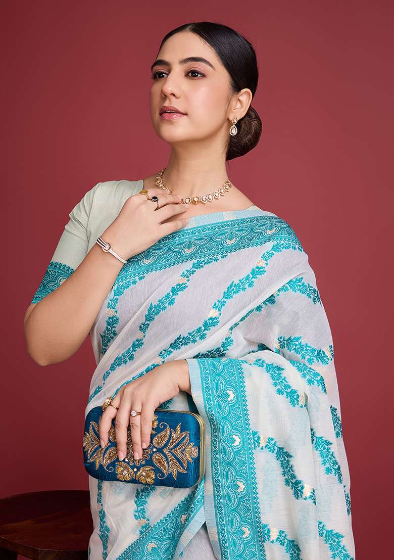 Blue Zari Work Cotton Saree Set for Diwali and Festive Wear - Indya