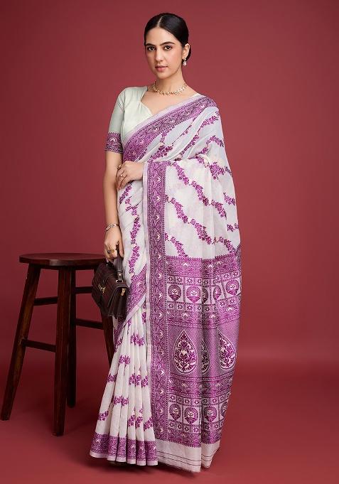 Wine Zari Work Cotton Saree Set