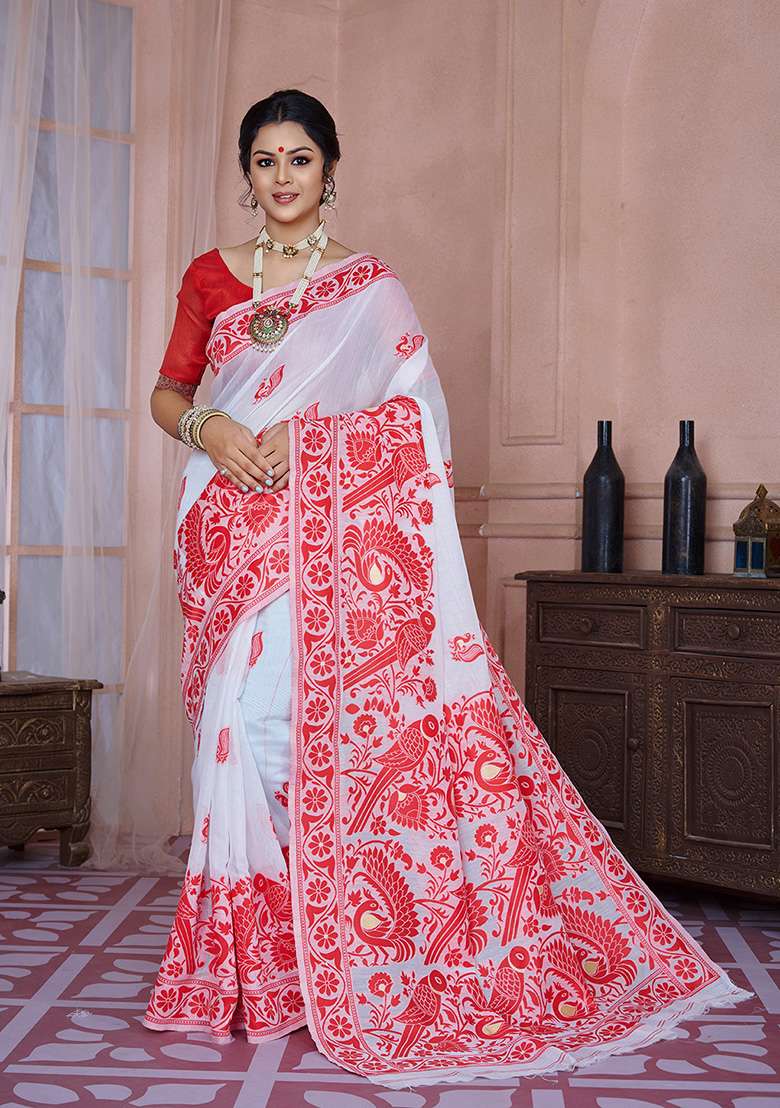 Red Cotton Saree Set with Printed for Diwali | Wedding & Festive Wear - Indya