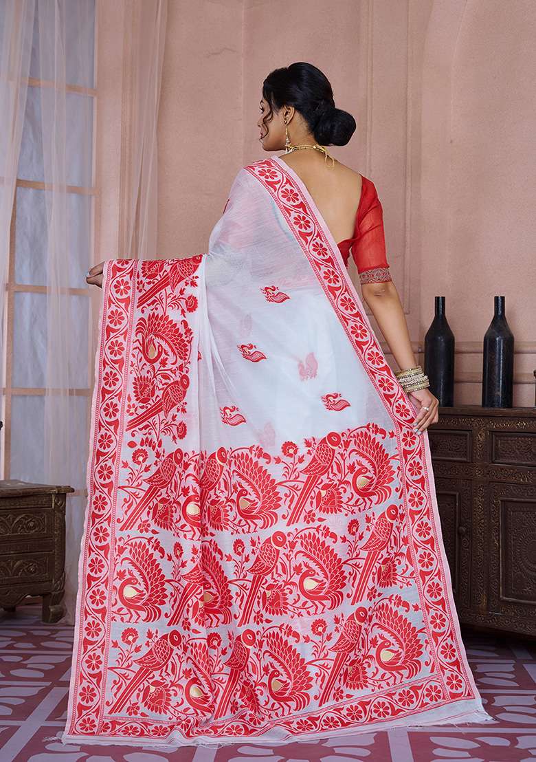 Red Cotton Saree Set with Printed for Diwali | Wedding & Festive Wear - Indya