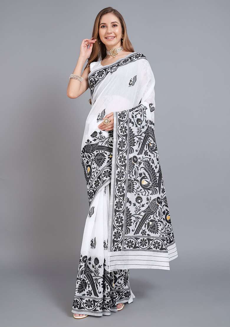 Black Printed Cotton Saree Set for Diwali and Festive Wear - Indya
