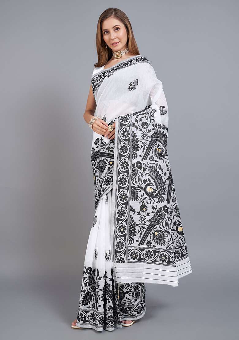 Black Printed Cotton Saree Set for Diwali and Festive Wear - Indya
