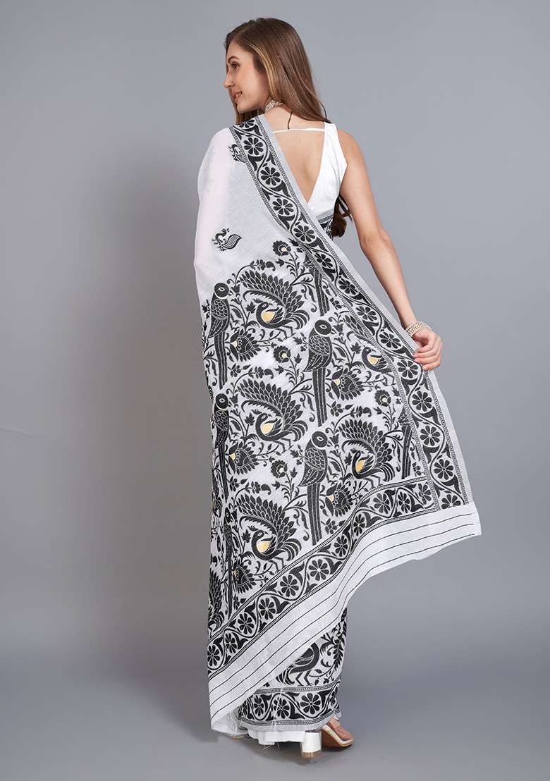 Black Printed Cotton Saree Set for Diwali and Festive Wear - Indya