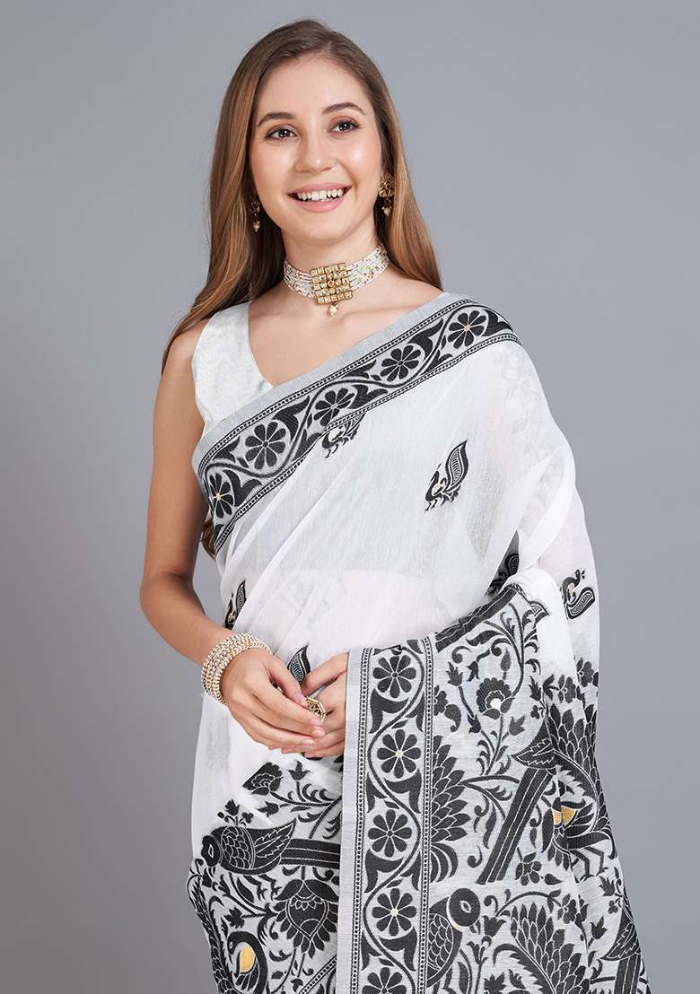 Black Printed Cotton Saree Set for Diwali and Festive Wear - Indya