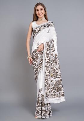 Brown Printed Cotton Saree Set