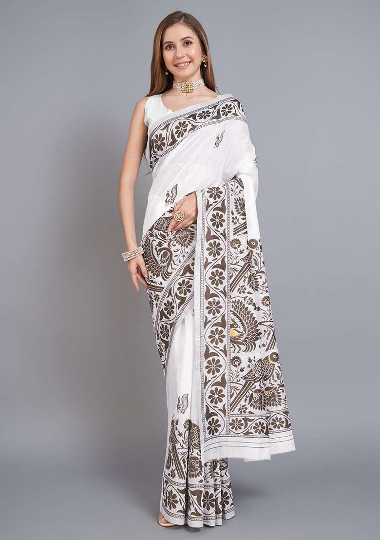 Brown Printed Cotton Saree Set for Diwali and Festive Wear - Indya