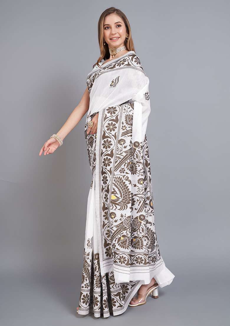 Brown Printed Cotton Saree Set for Diwali and Festive Wear - Indya