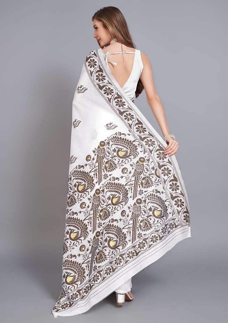 Brown Printed Cotton Saree Set for Diwali and Festive Wear - Indya