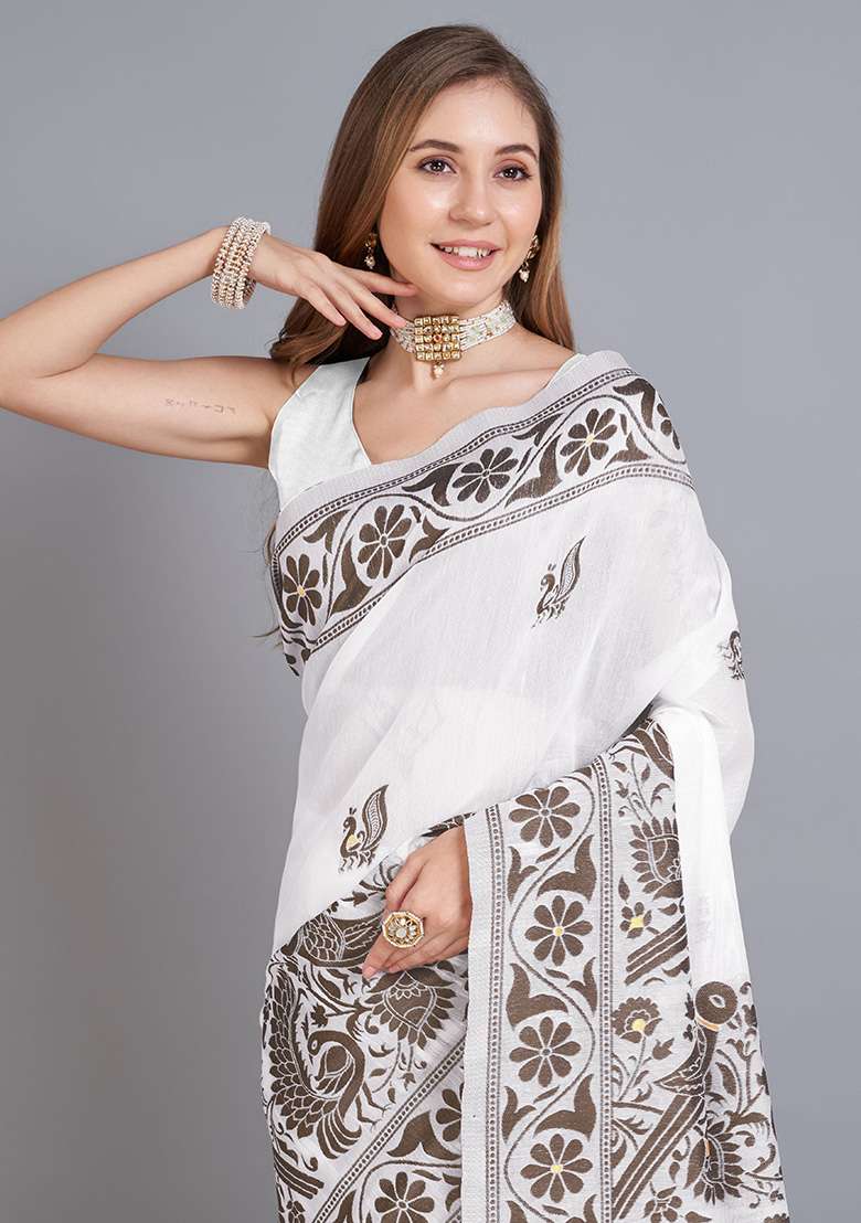 Brown Printed Cotton Saree Set for Diwali and Festive Wear - Indya