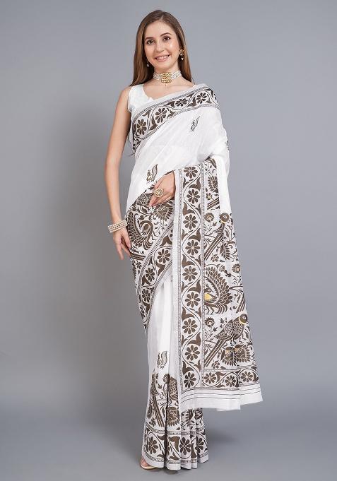 Brown Printed Cotton Saree Set