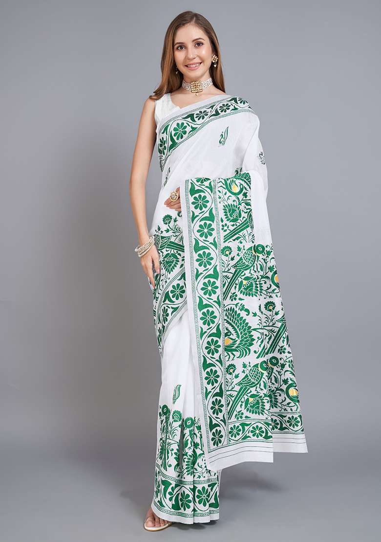Green Cotton Saree Set with Printed for Diwali | Wedding & Festive Wear - Indya