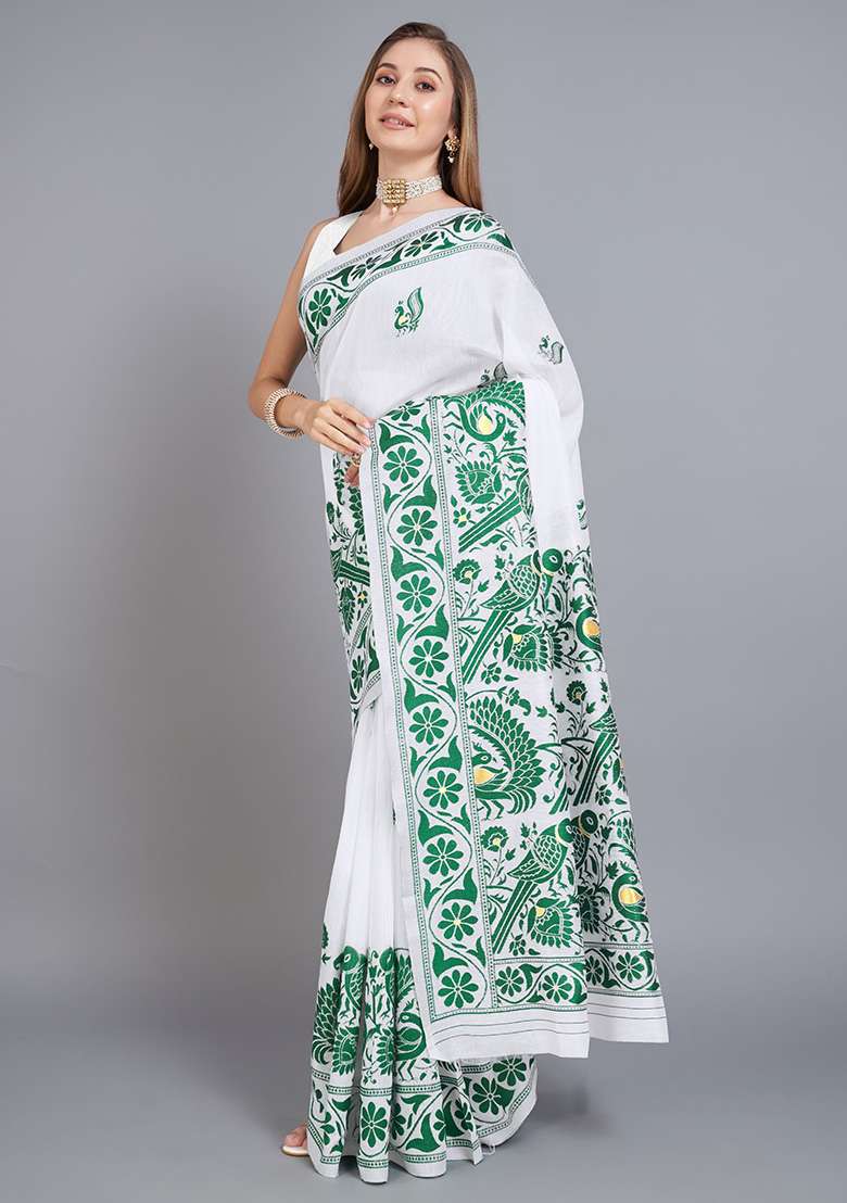 Green Cotton Saree Set with Printed for Diwali | Wedding & Festive Wear - Indya