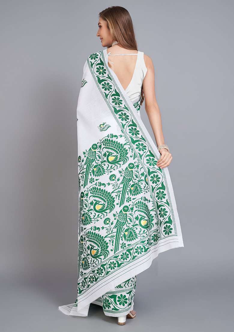 Green Cotton Saree Set with Printed for Diwali | Wedding & Festive Wear - Indya