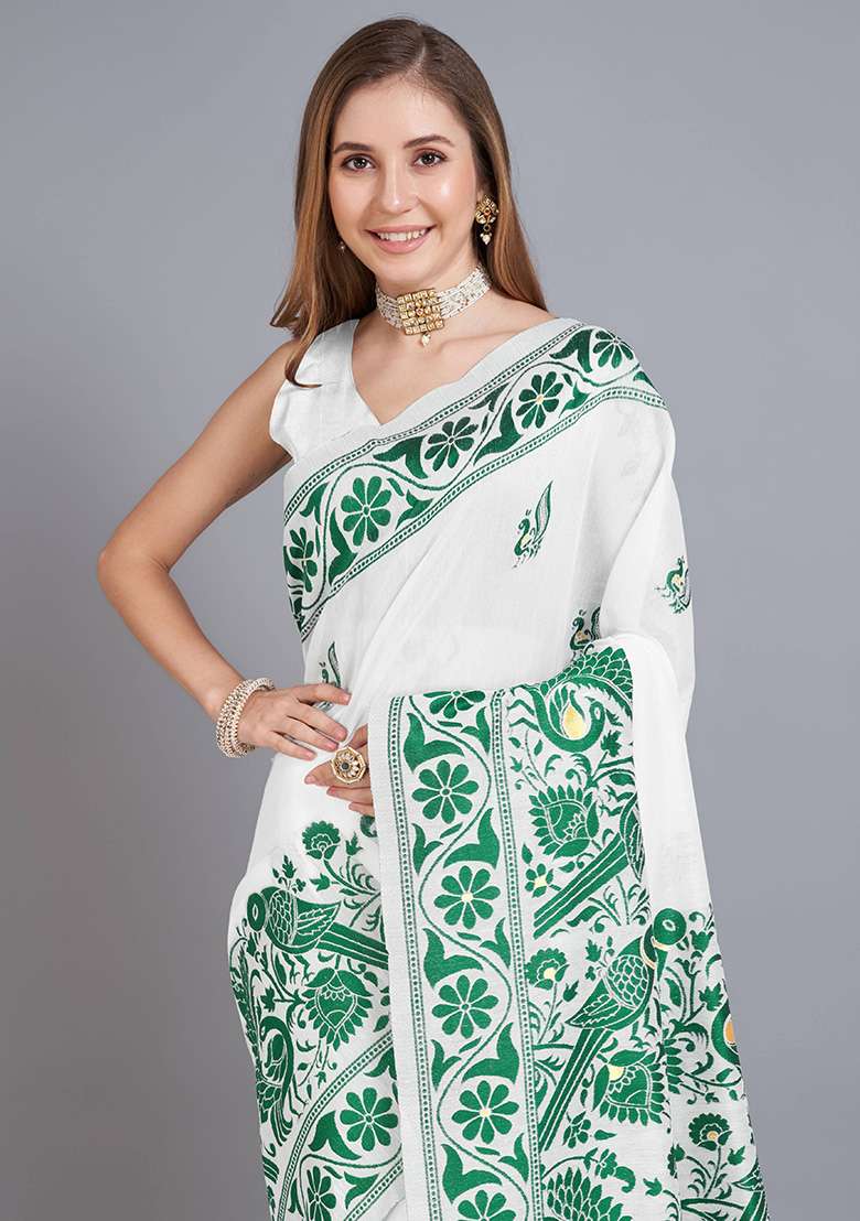 Green Cotton Saree Set with Printed for Diwali | Wedding & Festive Wear - Indya