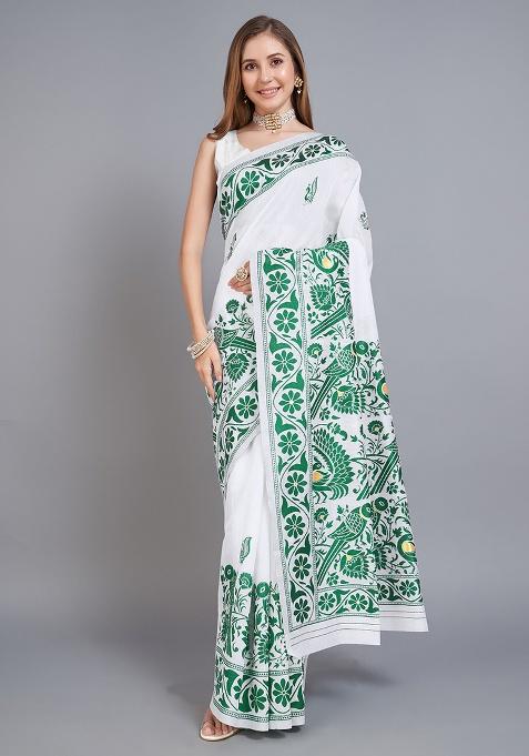 Green Printed Cotton Saree Set
