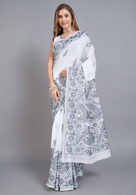 Grey Printed Cotton Saree Set