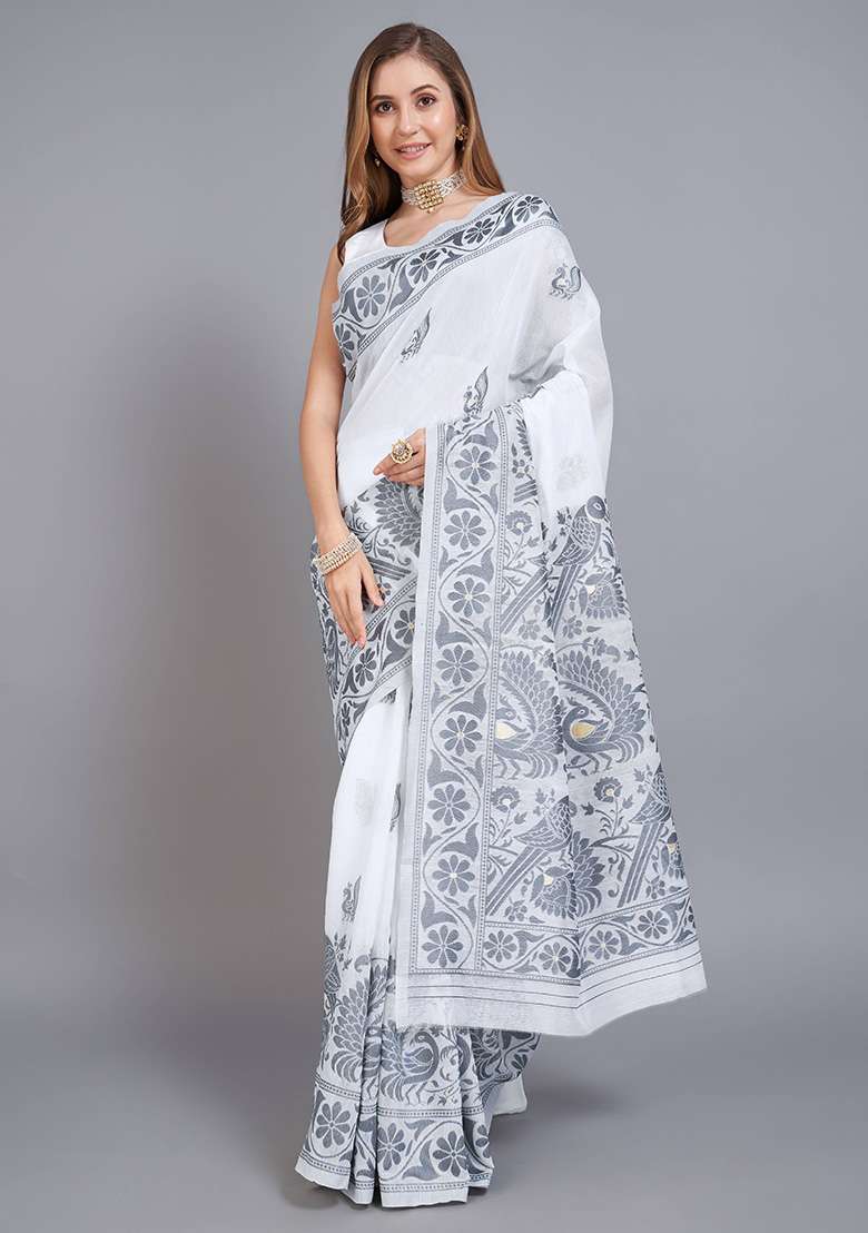 Grey Printed Cotton Saree Set for Diwali and Festive Wear - Indya