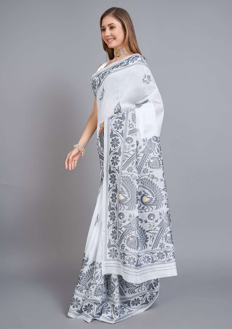 Grey Printed Cotton Saree Set for Diwali and Festive Wear - Indya