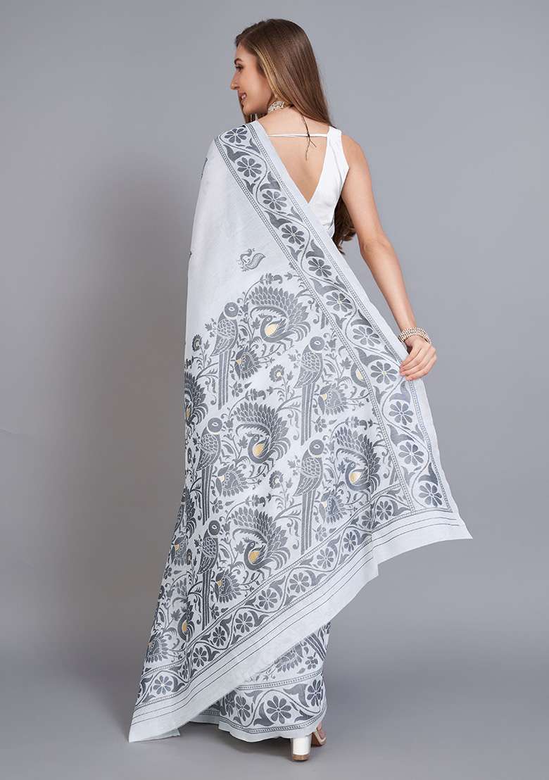 Grey Printed Cotton Saree Set for Diwali and Festive Wear - Indya