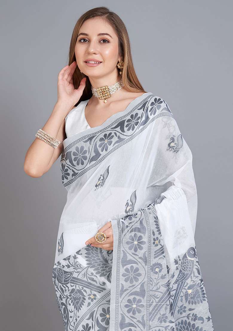 Grey Printed Cotton Saree Set for Diwali and Festive Wear - Indya