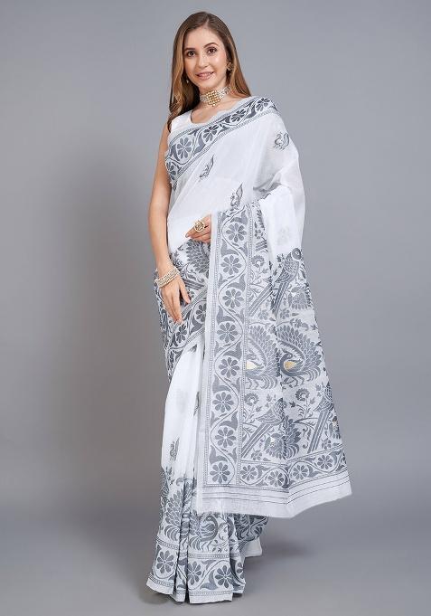 Grey Printed Cotton Saree Set