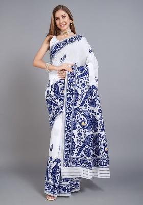 Blue Printed Cotton Saree Set