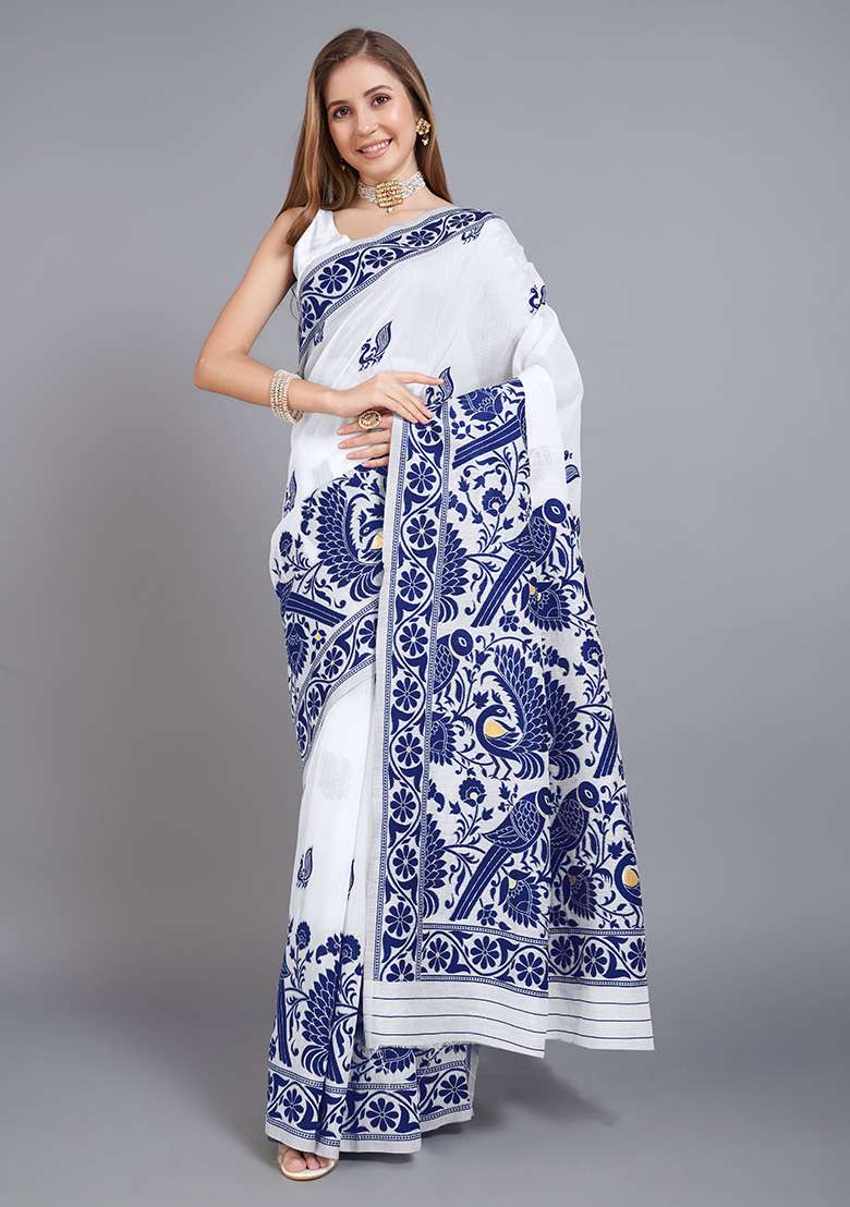 Blue Printed Cotton Saree Set for Diwali and Festive Wear - Indya