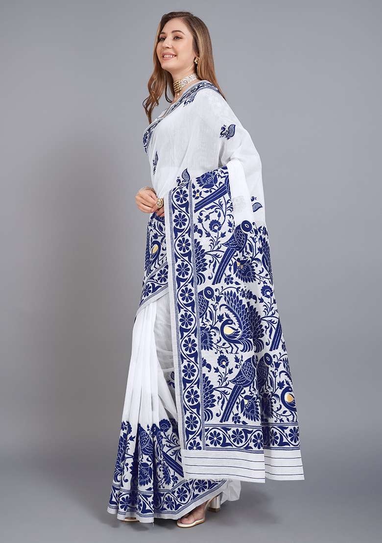 Blue Printed Cotton Saree Set for Diwali and Festive Wear - Indya