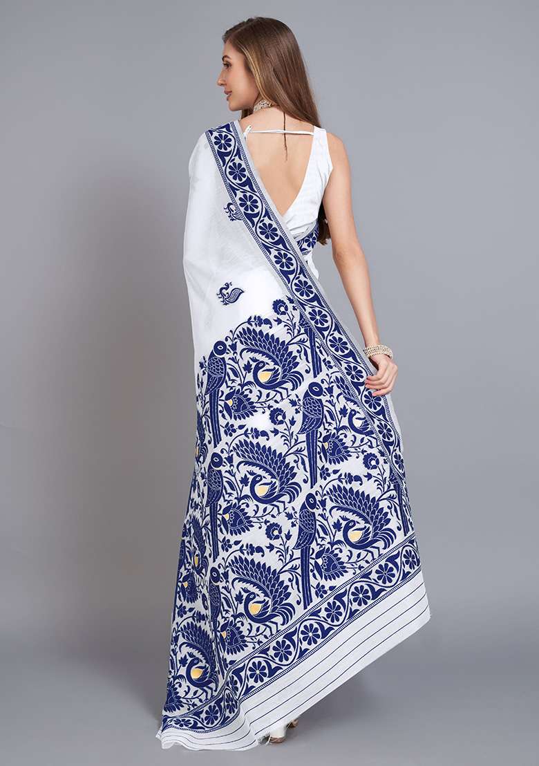 Blue Printed Cotton Saree Set for Diwali and Festive Wear - Indya