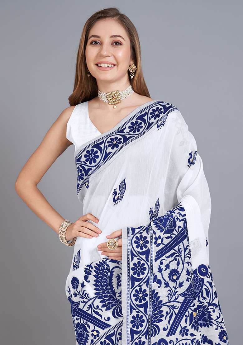 Blue Printed Cotton Saree Set for Diwali and Festive Wear - Indya
