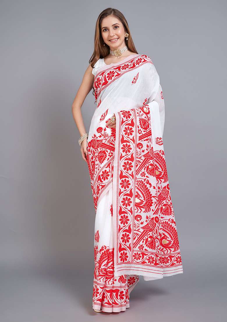 Red Cotton Saree Set with Printed for Diwali | Wedding & Festive Wear - Indya