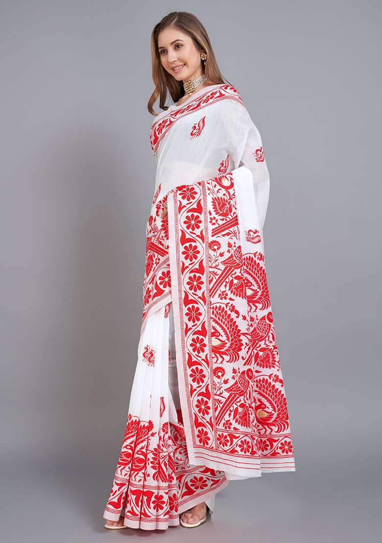 Red Cotton Saree Set with Printed for Diwali | Wedding & Festive Wear - Indya