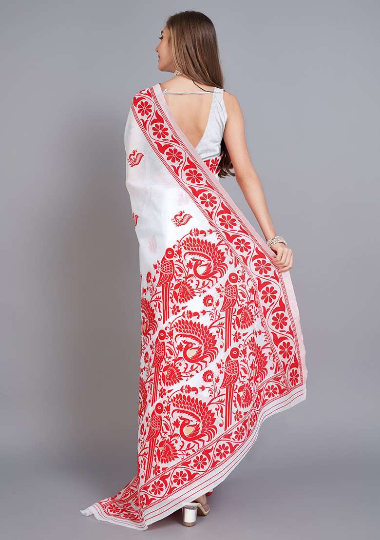 Red Cotton Saree Set with Printed for Diwali | Wedding & Festive Wear - Indya