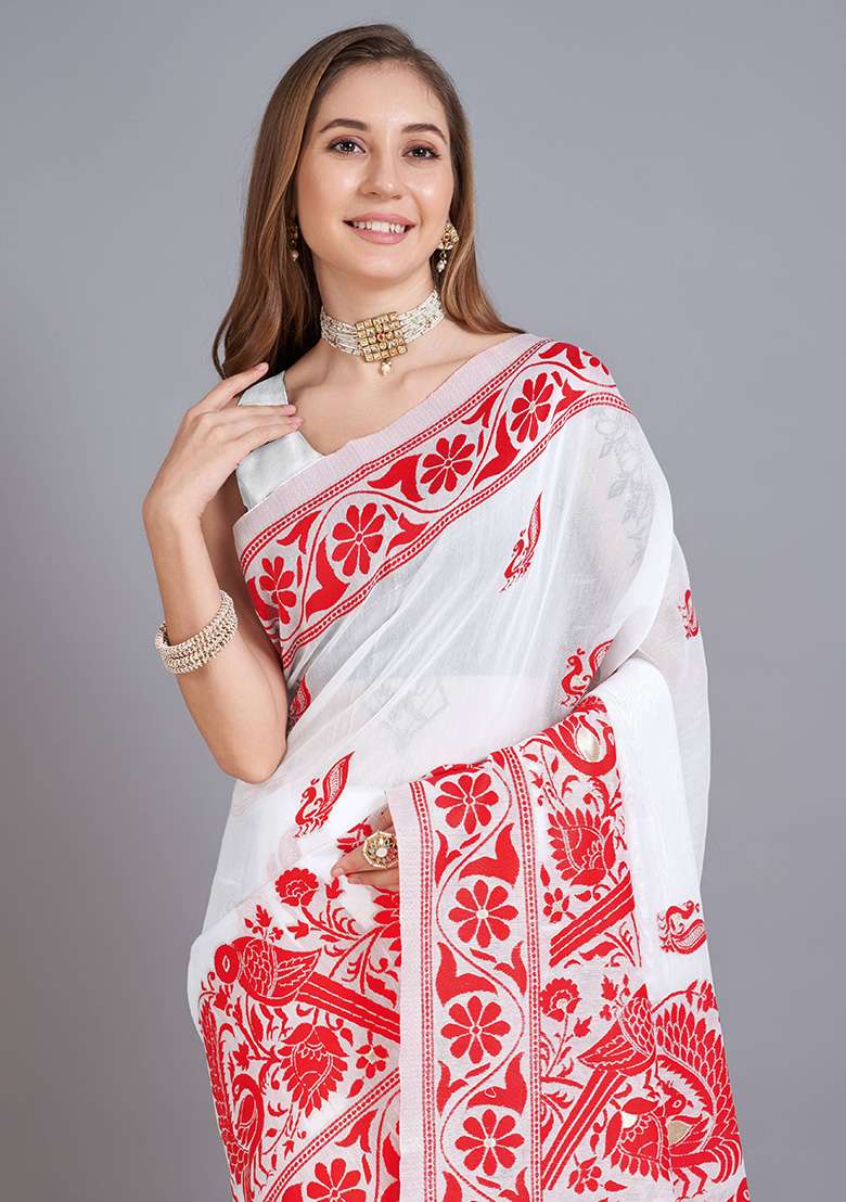 Red Cotton Saree Set with Printed for Diwali | Wedding & Festive Wear - Indya