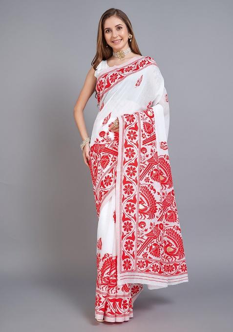 Red Printed Cotton Saree Set