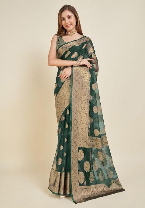 Green Printed Organza Saree Set
