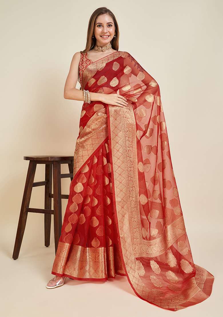 Red Organza Saree Set with Printed for Diwali | Wedding & Festive Wear - Indya