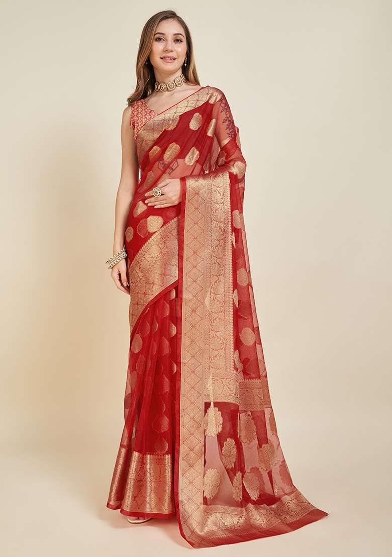 Red Organza Saree Set with Printed for Diwali | Wedding & Festive Wear - Indya