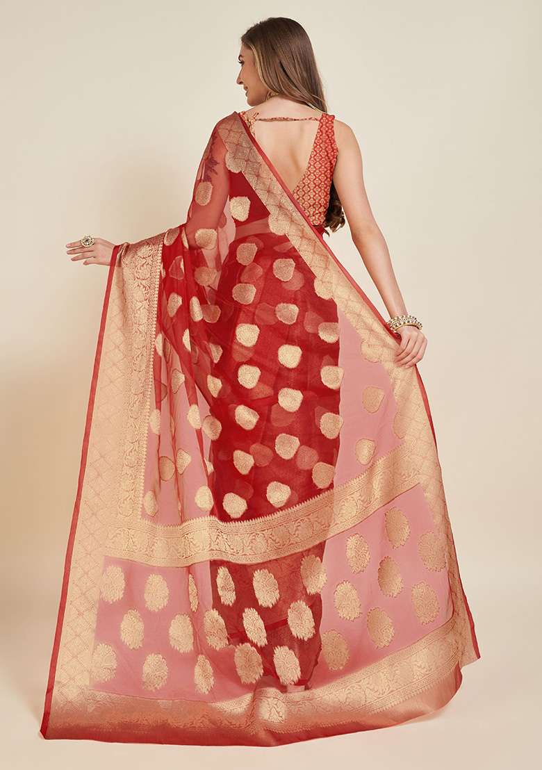 Red Organza Saree Set with Printed for Diwali | Wedding & Festive Wear - Indya