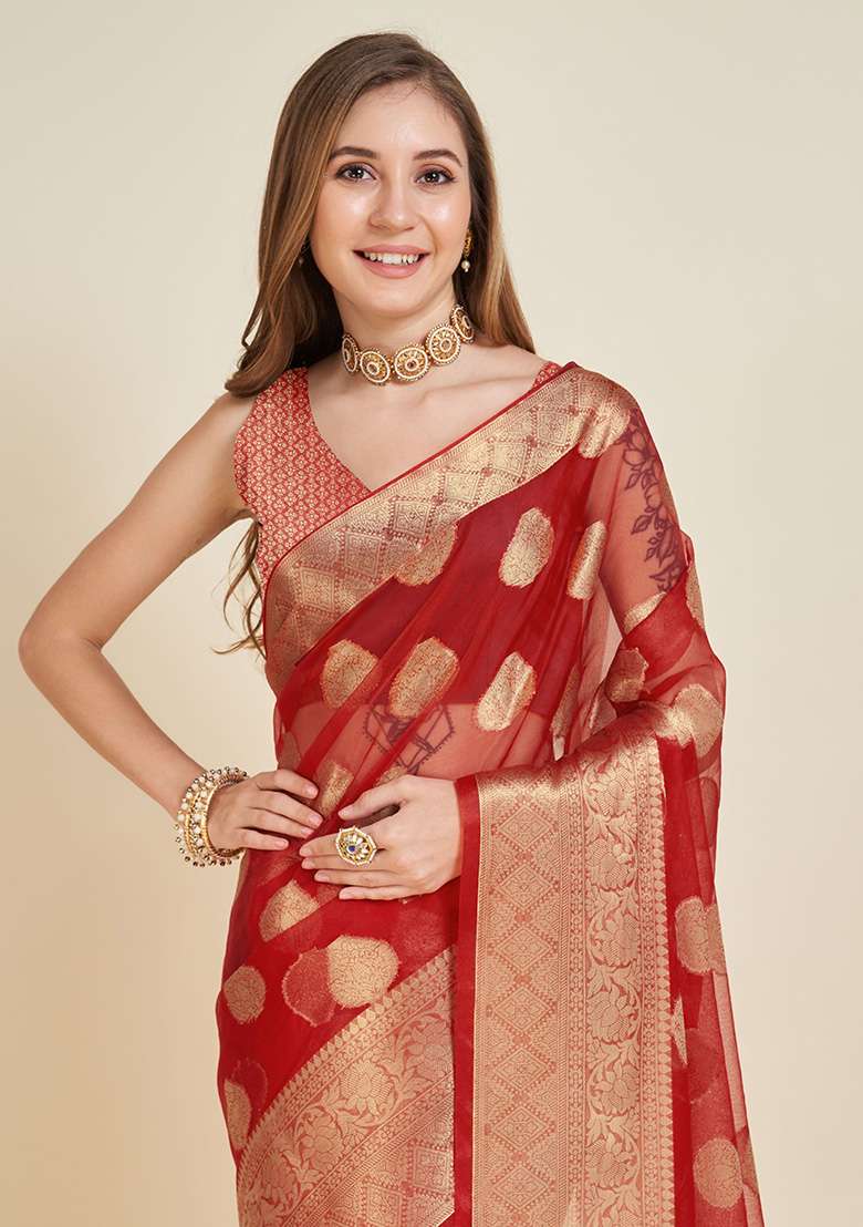 Red Organza Saree Set with Printed for Diwali | Wedding & Festive Wear - Indya