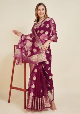 Wine Printed Organza Saree Set