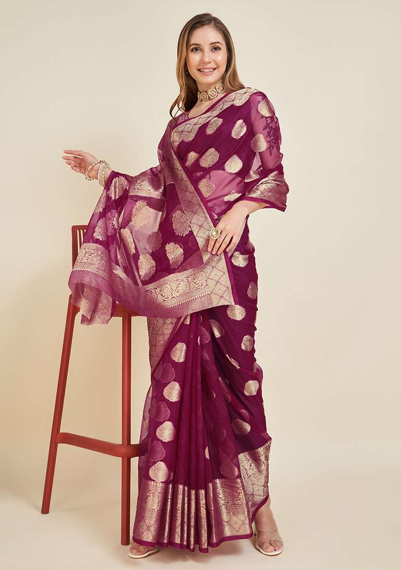 Wine Printed Organza Saree Set for Diwali and Festive Wear - Indya