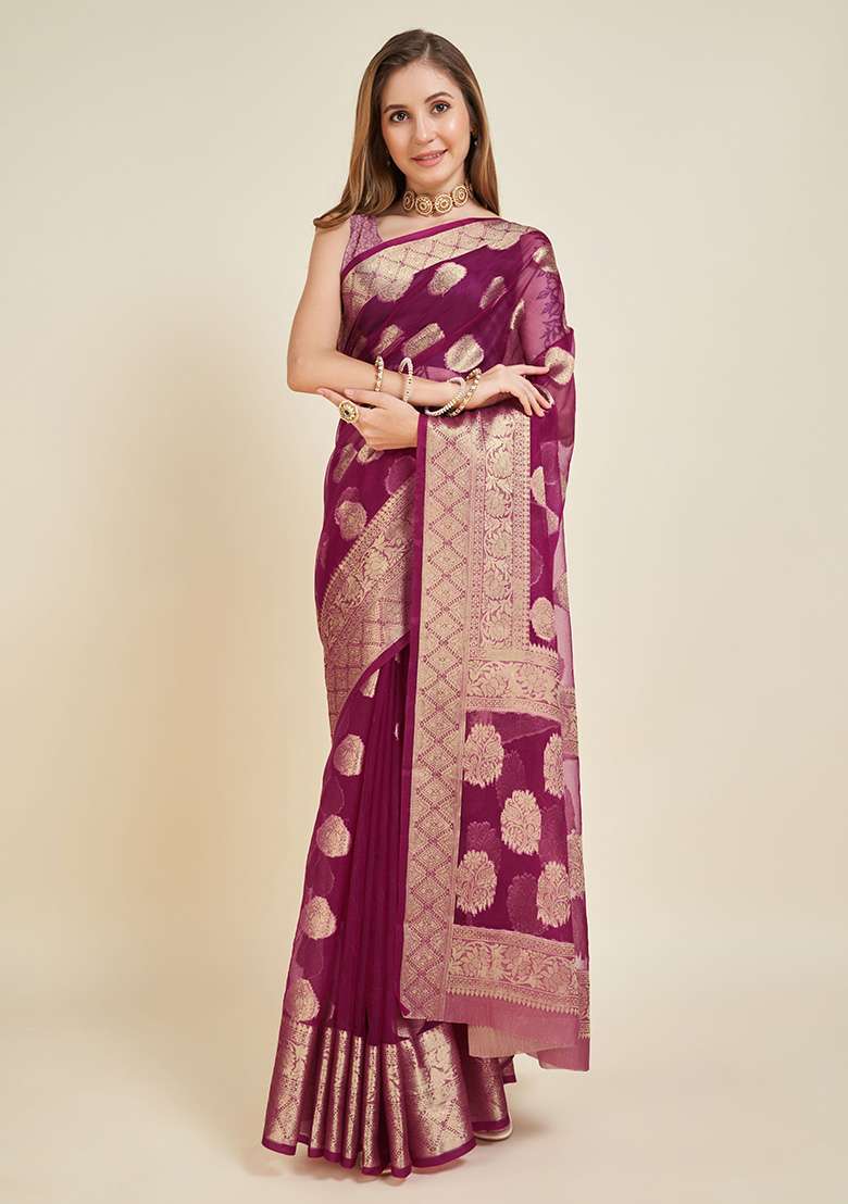Wine Printed Organza Saree Set for Diwali and Festive Wear - Indya