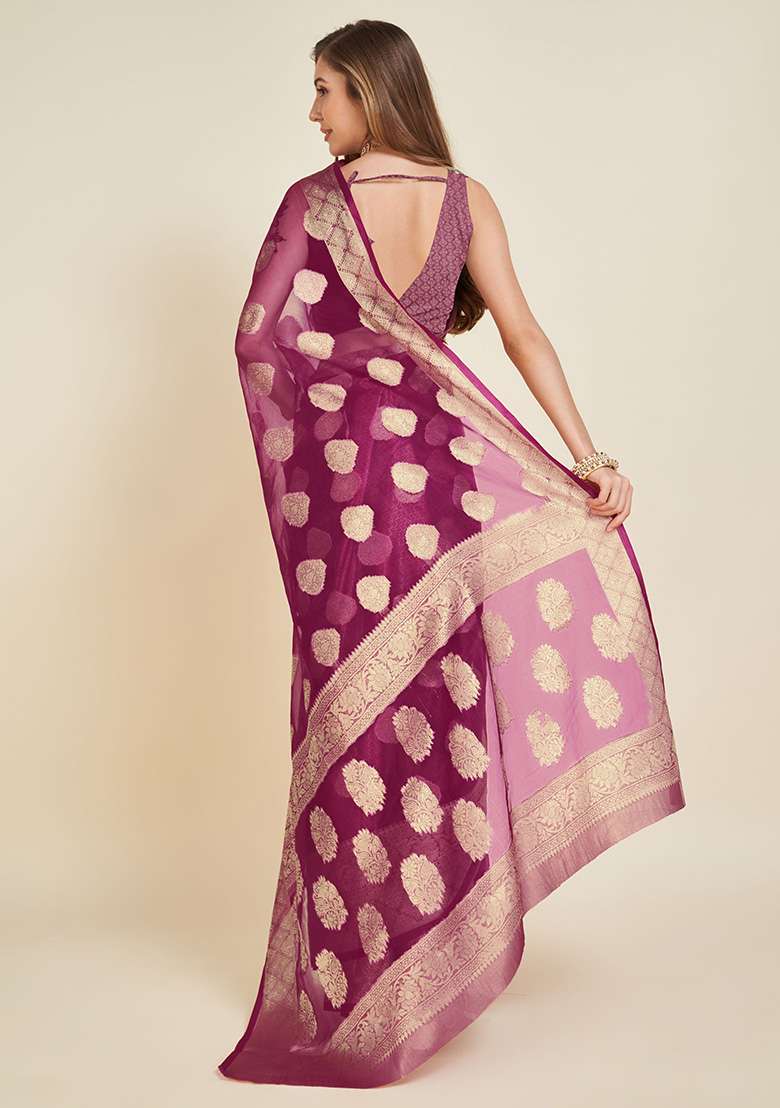 Wine Printed Organza Saree Set for Diwali and Festive Wear - Indya