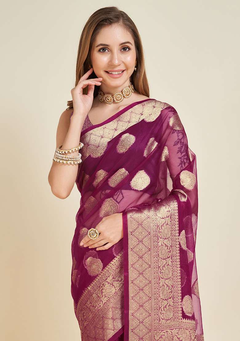 Wine Printed Organza Saree Set for Diwali and Festive Wear - Indya