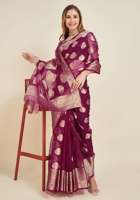 Wine Printed Organza Saree Set