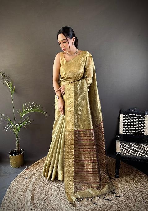 Gold Printed Organza Saree Set