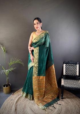 Green Printed Organza Saree Set